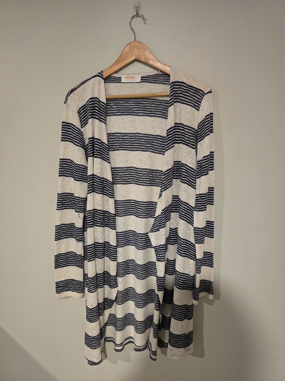 Renee C. Navy and Cream Stripe Draped Cardigan - Picture 1 of 3